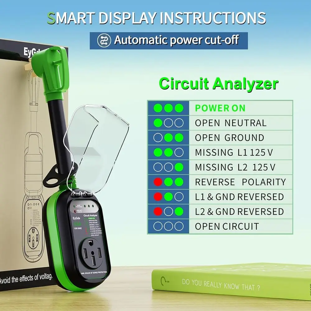 EyGde RV Surge Protector 50 أمبير مقاوم للماء - محلل دائرة RV لحماية الجهد الكهربائي لمقطورة السفر للتخييم، أخضر #3
