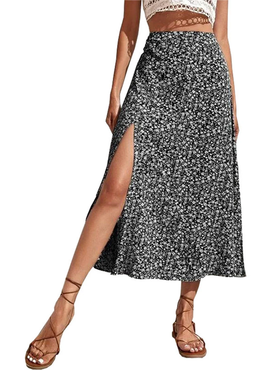 Women s Floral Print Midi Skirts Mid Waist Side Slit Skirts Spring Summer Fashion Casual A-line Skirts