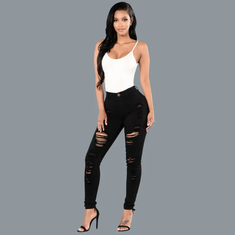 

Pop American Plus Size Fashion Jeans For Women Summer New Versatile RippedSlim Fit Multi Colored Small Leg Pants Long Pants