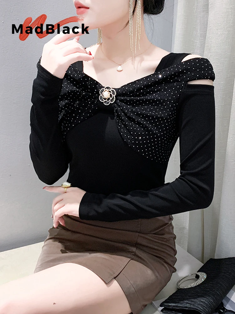 

MadBlack-Women European T-Shirt, Sexy Square Collar Diamond, Streetwear Long Sleeve Slim M-3XL Knit Tee, 2025 Autumn T59731CC