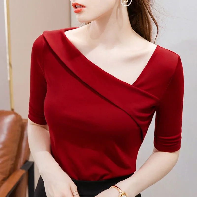 Woman\'s Clothing Basic T-Shirts Tops Lady Slim Short Sleeve Skew Collar Sheath Blouse Tops SS055