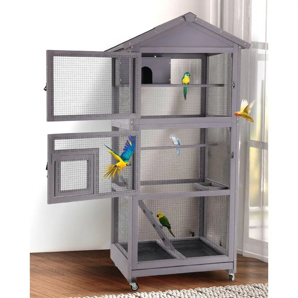 

Большая клетка для птиц на колесах - Деревянный мобильный вольер с игровой площадкой, жердочками и гнездом, сетчатая конструкция для легкой очистки, для улицы