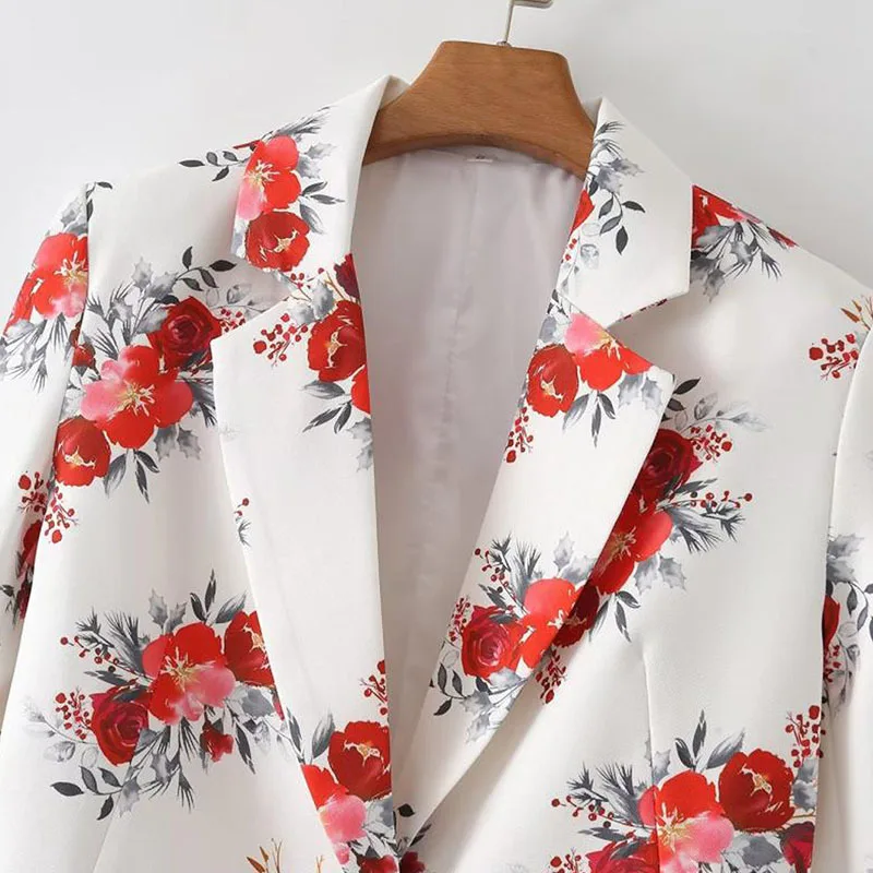 Spring Autumn Floral Printed Suit Jacket Single Button Notched Collar Long Sleeve Loose Female Blazers Casual Fashion Women Coat