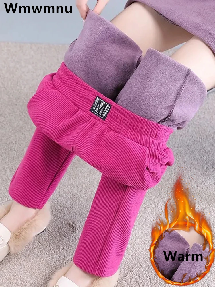 Pantalon en velours côtelé doublé de velours en peluche pour femme, pantalon de survêtement chaud, taille haute, longueur de rinçage, épais,