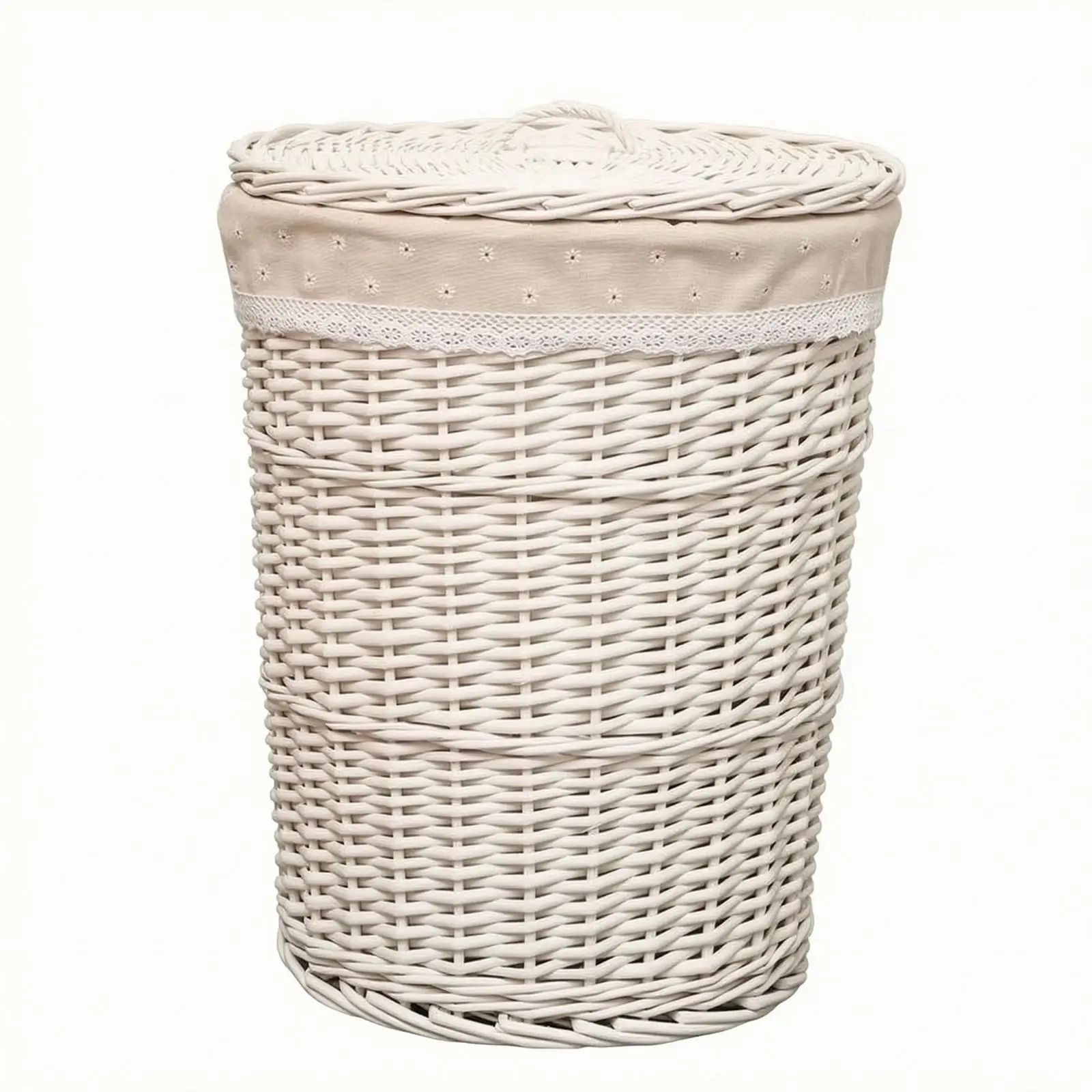 Woven Willow Laundry Hamper with Lace Fabric Overlay and Snug Lid for Bedroom Bathroom Portable Clothes Basket