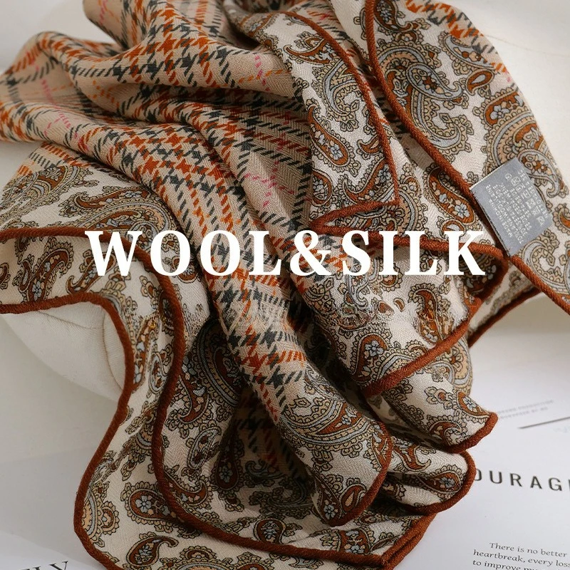 Women Silk Wool Large Square Scarf, Elegant Fall Spring Warm Shawl Wrap, Dual-use Soft Neck Scarf for Daily Wear