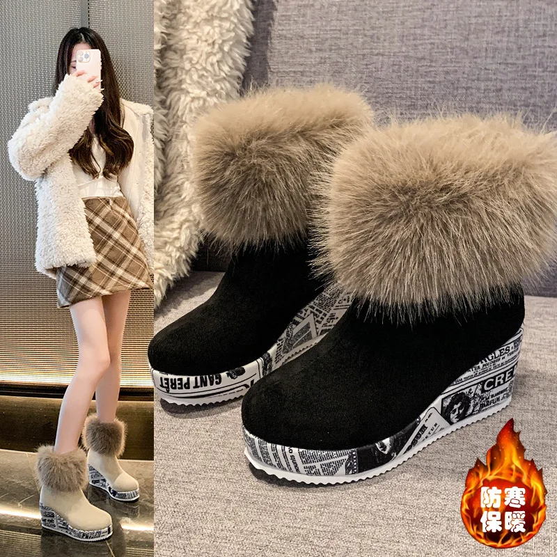 

2025 New winter comfortable sportswear and casual cotton boots for women, sponge wedge heels, thick-soled fleece ankle boots