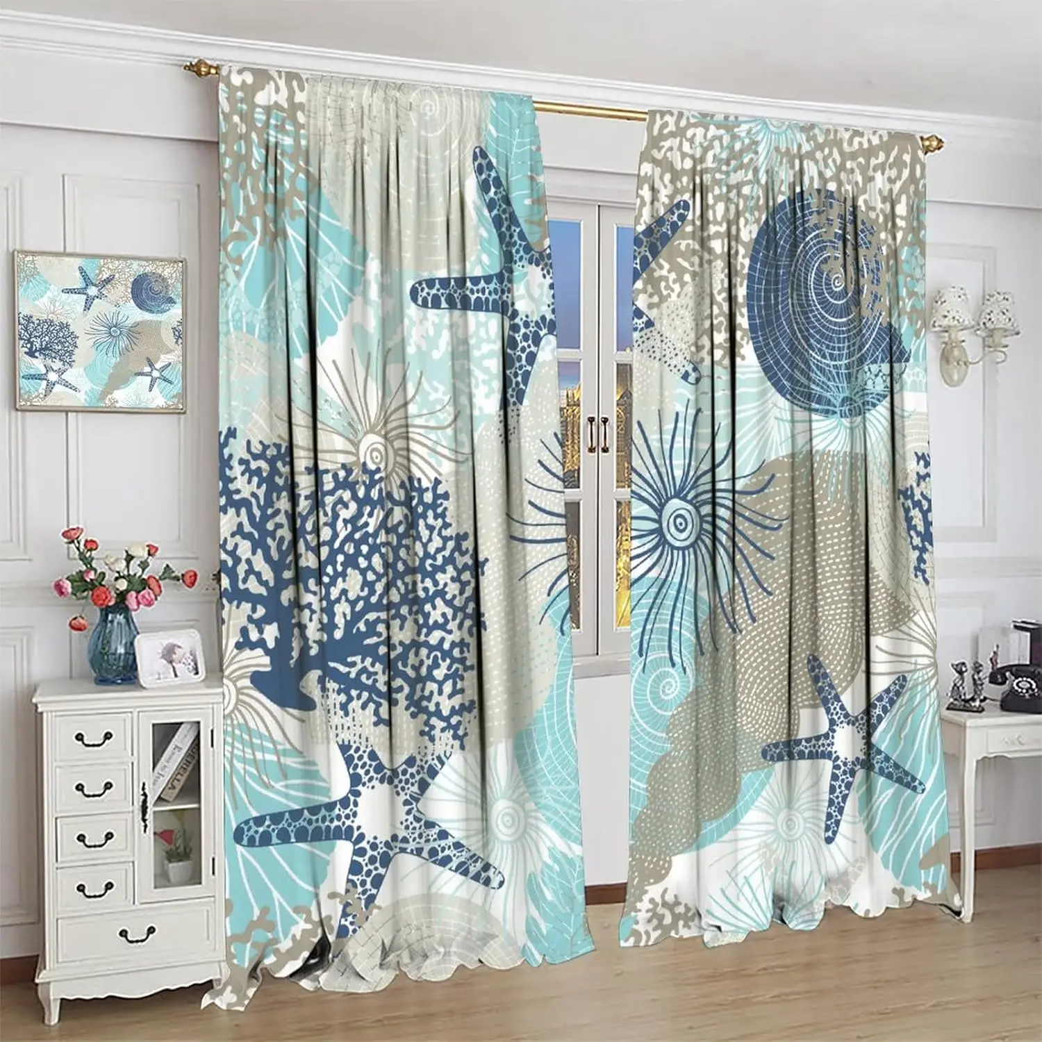 Coastal Blackout Curtains Ocean Starfish Coral Blue Green Bedroom Bathroom Living Room Kitchen Decor Rod Pocket 2 Panels 42x45in
