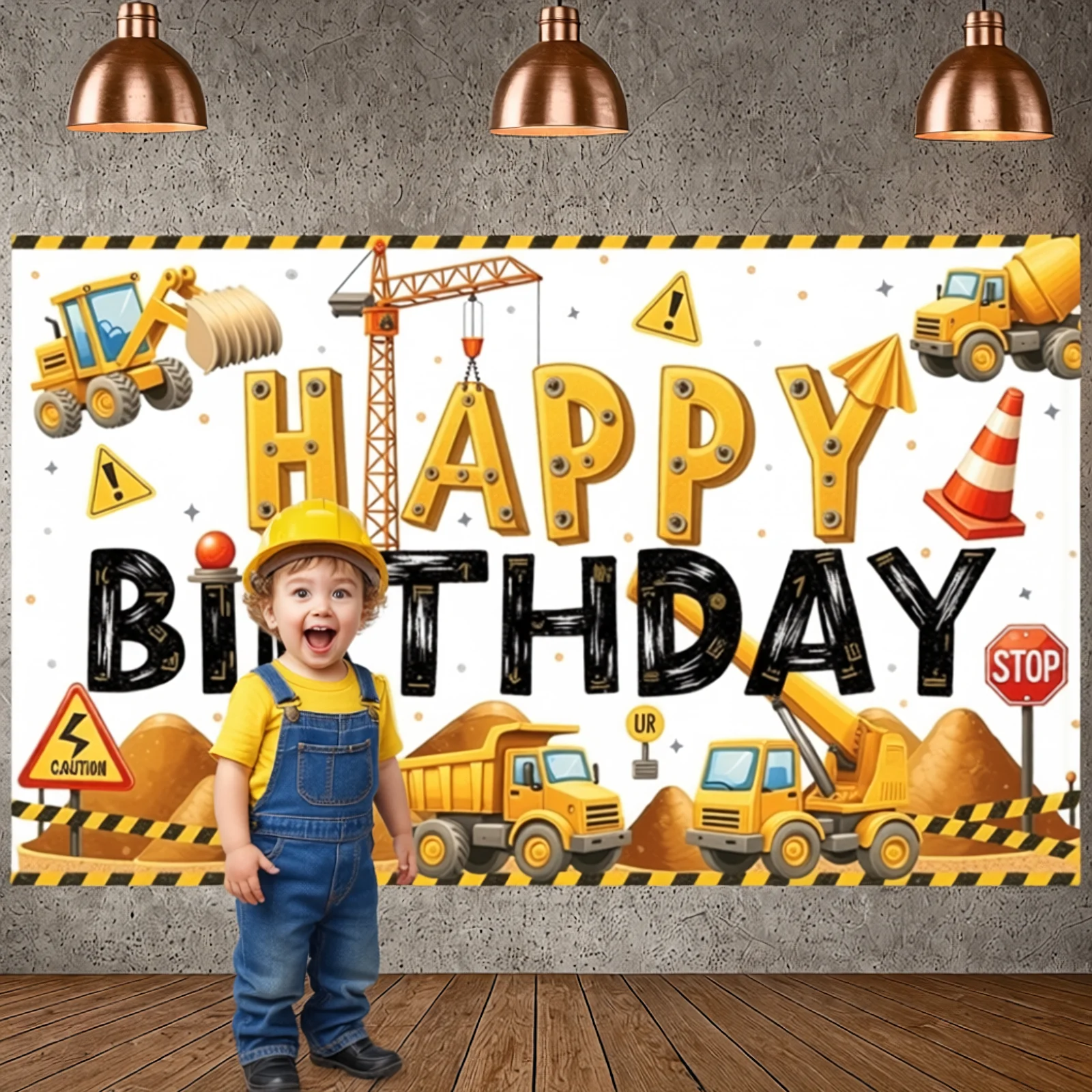 Truck Theme Backdrop Material Banner Vehicle Theme Backdrop Traffic Cones Birthday Party Banner For Children's Event Festive