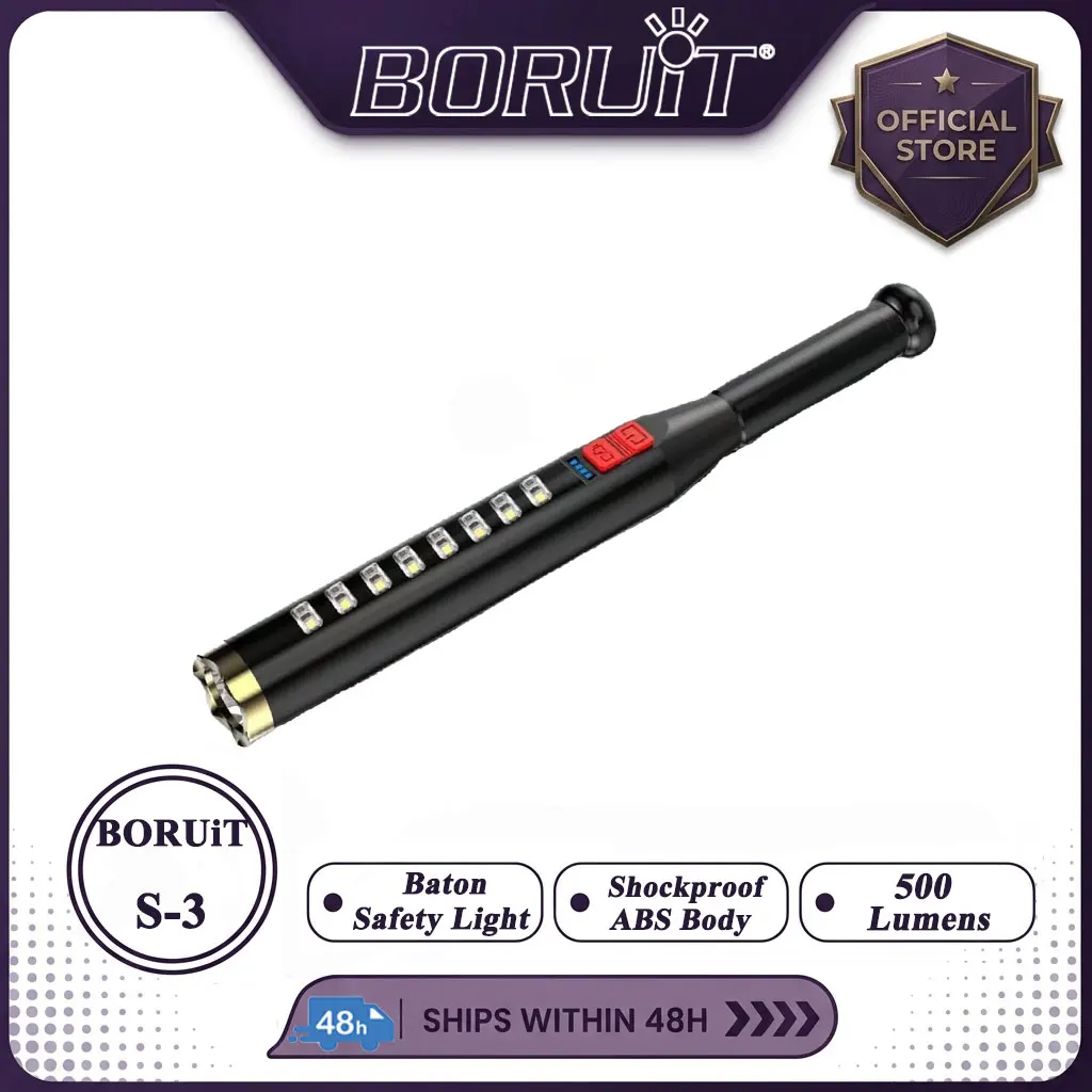 BORUIT 500LM S-3 Patrol Security Baton Flashlight USB Rechargeable Power Display Waterproof Outdoor Emergency Light
