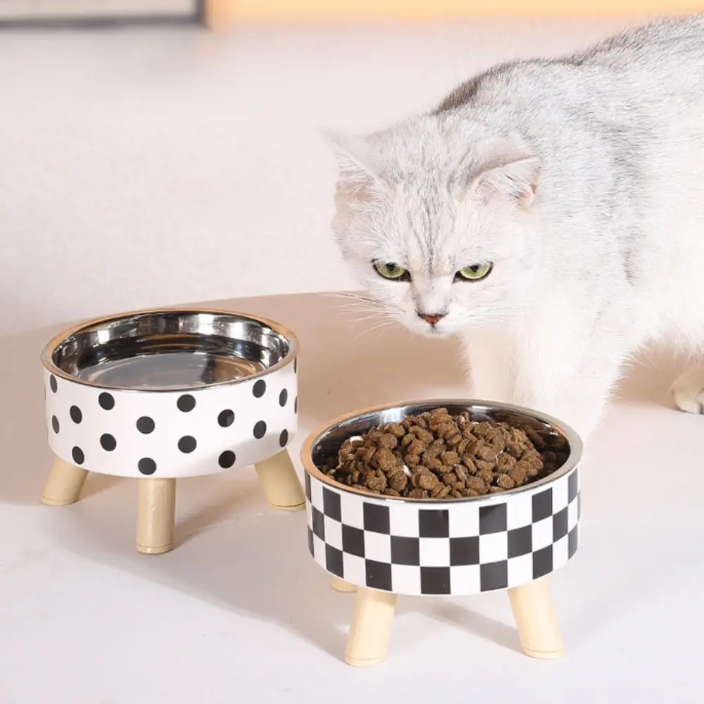 

Non-slip Stainless Steel Cat Bowl Anti-choking Grid/Wave Point Raised Cat Food Water Bowl High Foot Dogs Feeder with Stand