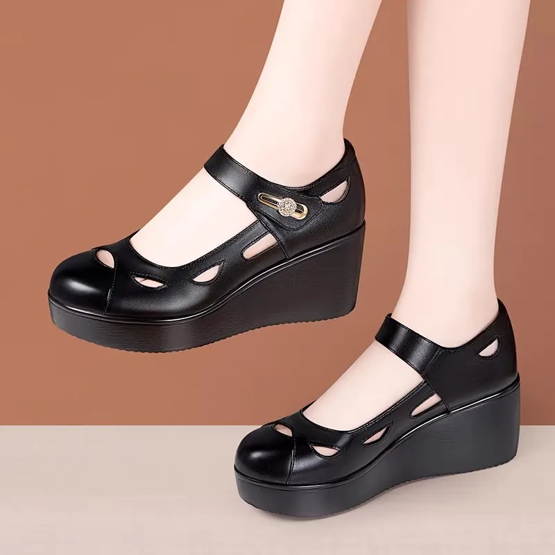 

Удобные модные туфли на толстой платформе с круглой головкой, размеры 6 см, размеры 33–43, летние кожаные сандалии на мягком каблуке WEdges для офисной мамы