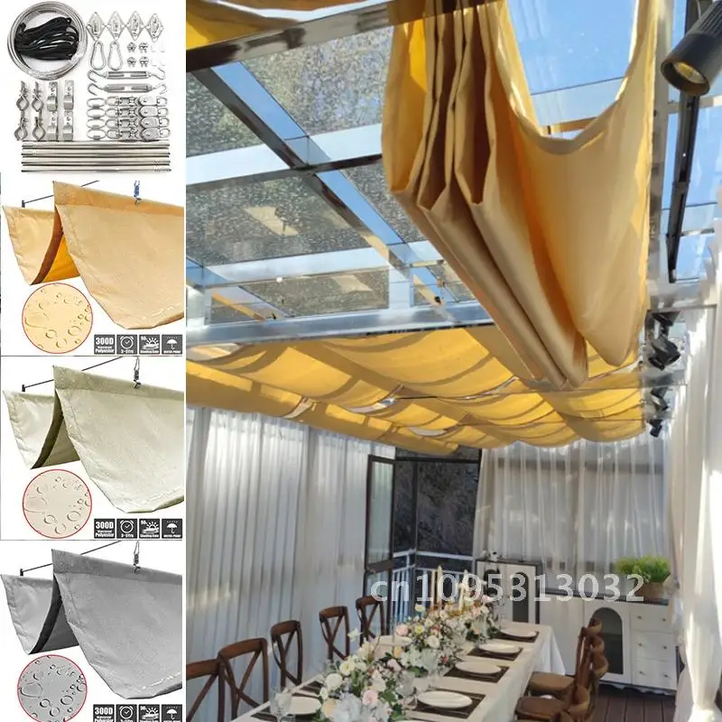 300D Waterproof Telescopic Outdoor Awning Wave Sunshade Net Anti-UV Sun Pool Retractable Pergolas Sails Swimming Canopy Shading