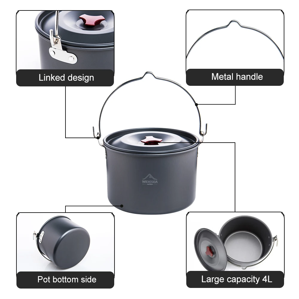 幅の4lのキャンプ用ハンギングポット調理器具屋外の竹製食器4〜6人ピクニック調理用の調理器具