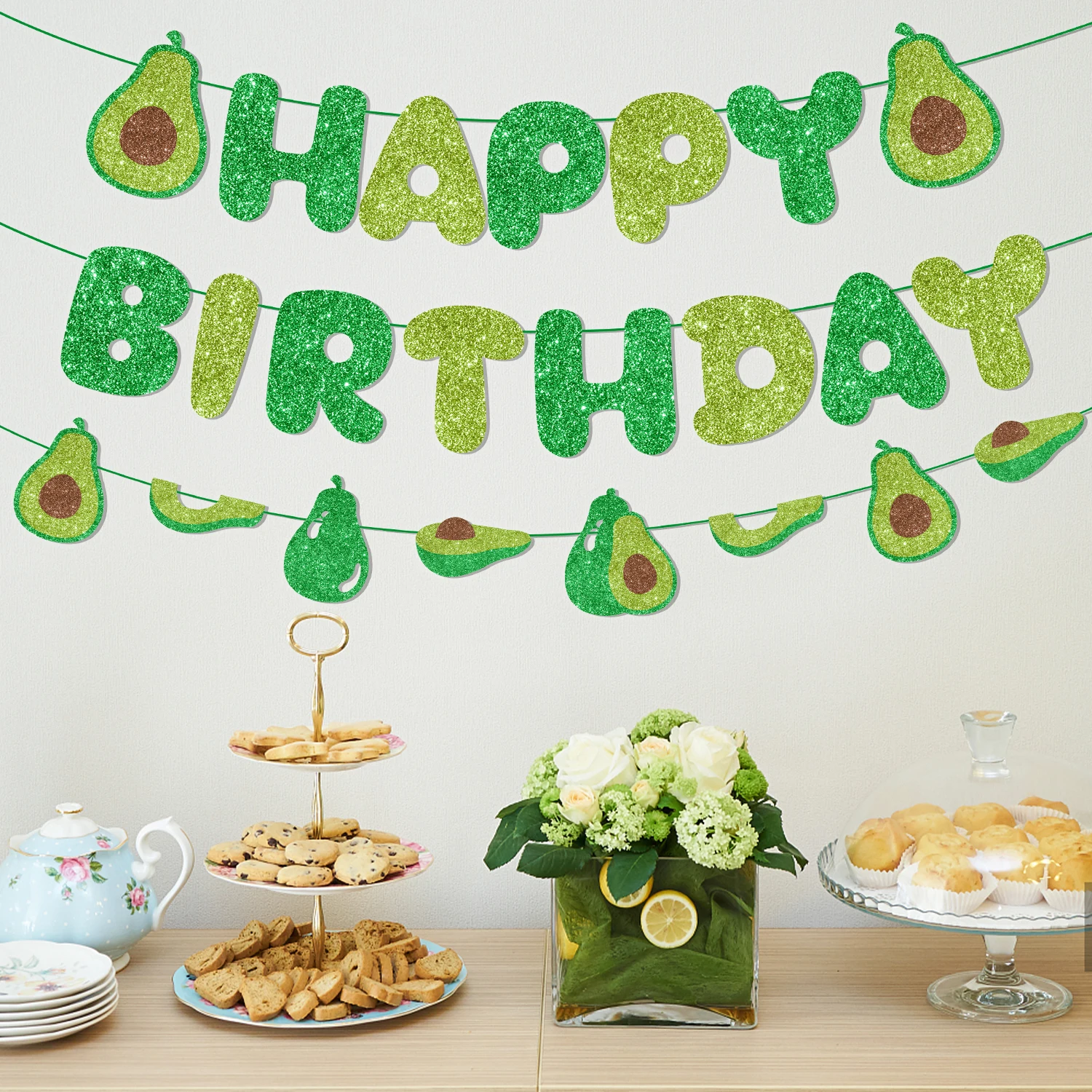 Avocado Themed Birthday Party Decor for Boys and Girls, Glitter Avocado Banner, Cake Topper, Balloons for Fruit Party Supplies