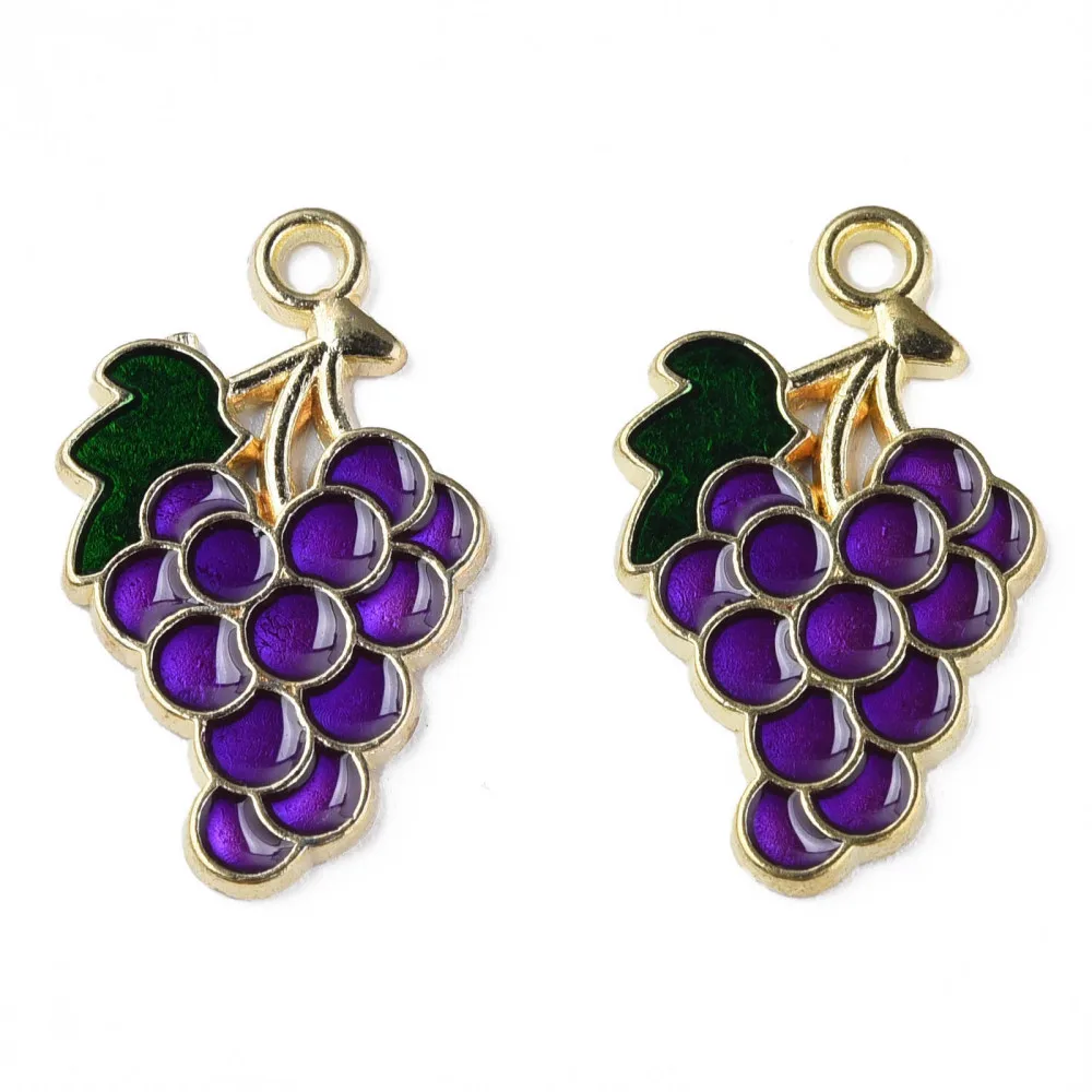 100Pcs Alloy Enamel Pendants, Cadmium Free & Lead Free, Light Gold, Grape, Indigo, 26x15.5x1.5mm, Hole: 2mm