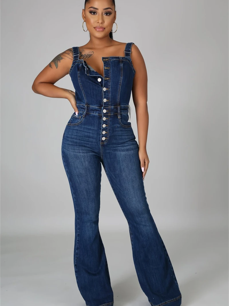 Streetwear Jean tali Spaghetti pakaian jumpsuit wanita musim panas Y2K pakaian Denim kancing atas Romper playsuit satu potong overall