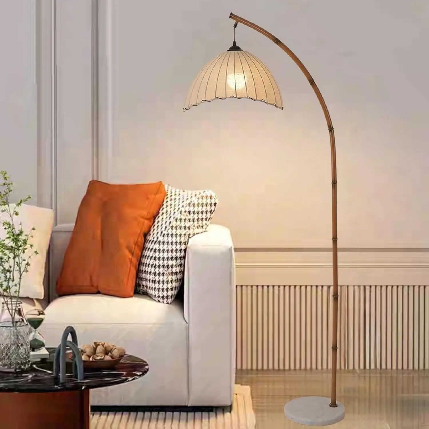 Retro Floor Lamp Unique Bamboo Color Floor lamp Bohemian Hanging Arc Floor Lamp with Antique Rattan Style Vertical Standing