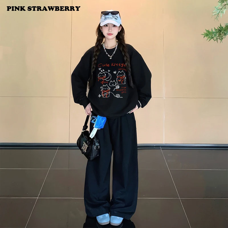 Love Heart Print Plush Sweatshirt Women Autumn Winter 2025New Oversize O-Neck Black Loose Pullover Hoodie Y2KTop Ladies clothing