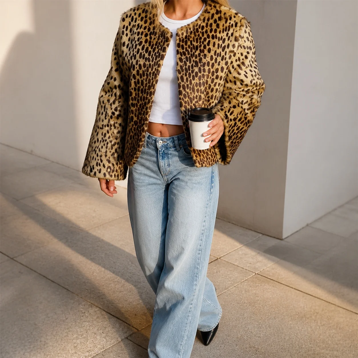 Women's Winter Female Leopard Print Jacket Thick Wrinkle Resistant Round Neck Long Sleeve Short Length Elegant Single Breasted