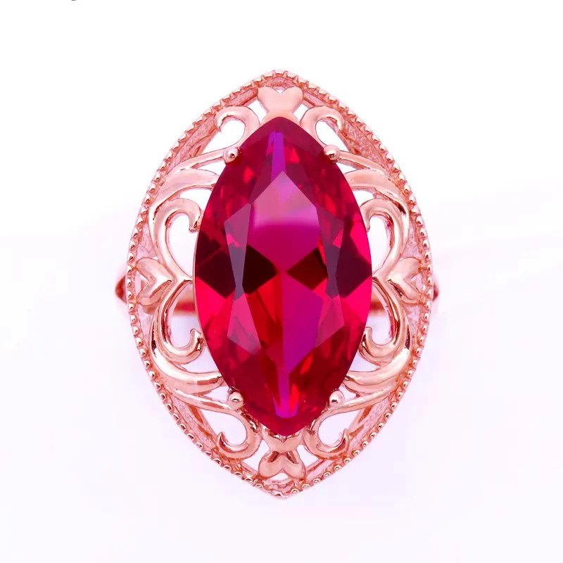 585 Purple Gold Plated 14K Rose Gold Fashionable Olive Pointed Ruby Rings for Women Palace Style Classic Banquet Jewelry