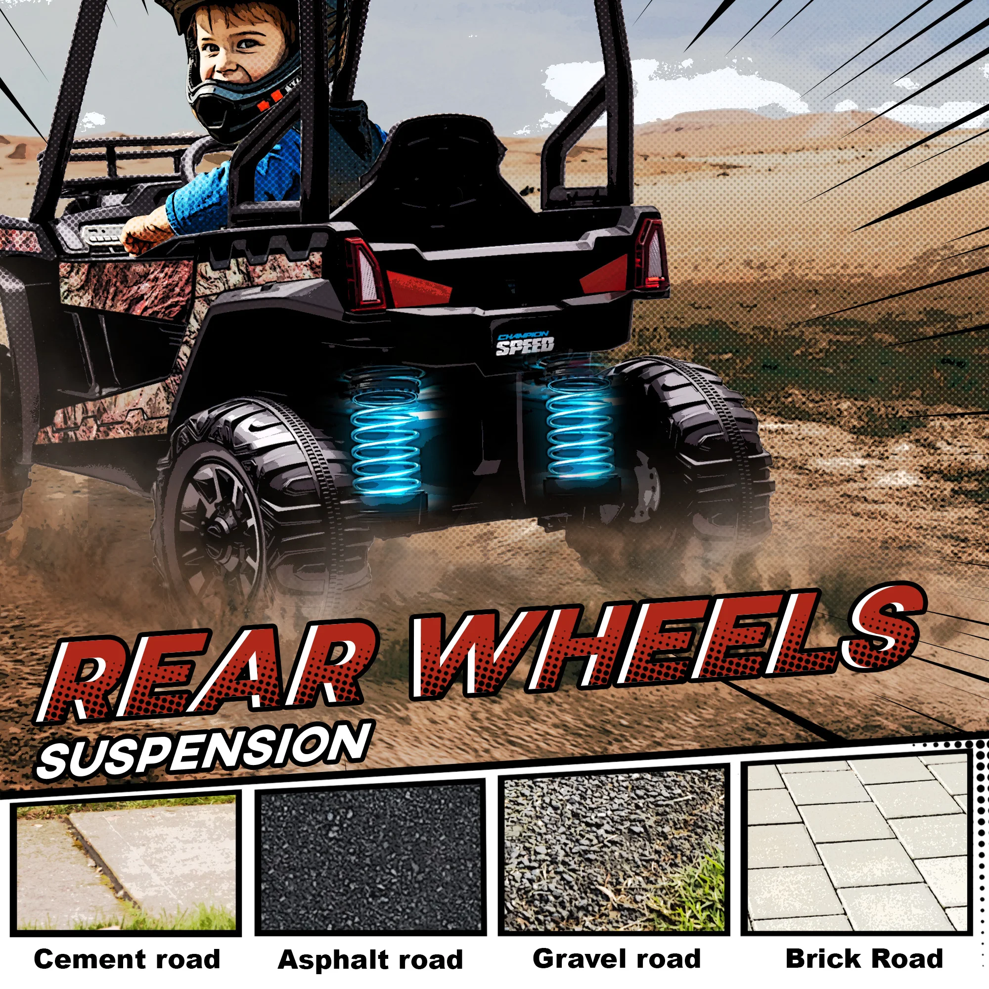 Elektrisches ATV-Auto für Kinder im Freien mit echter Federung und Fernbedienung, Tarnfarbe