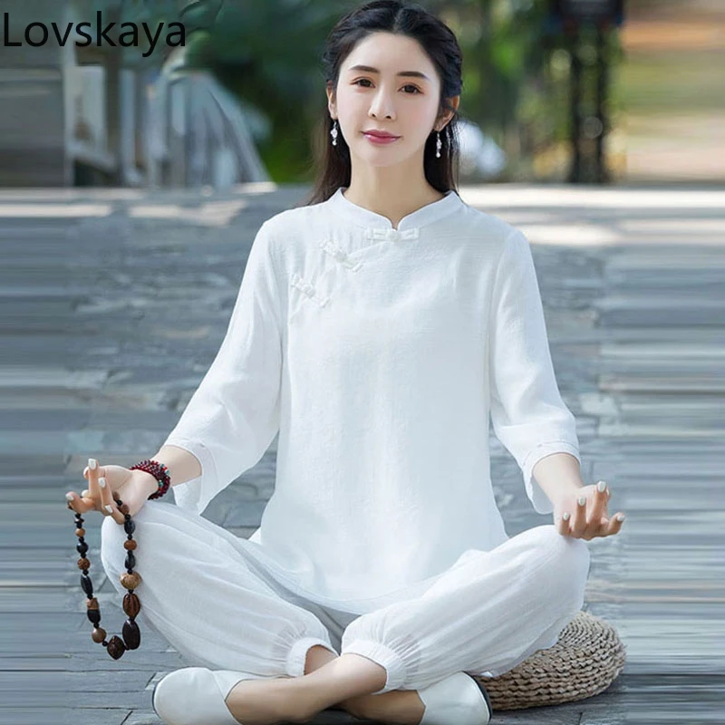 Chinese style yoga practice Tai Chi suit two-piece set sitting meditation suit spring cotton and linen women's clothing