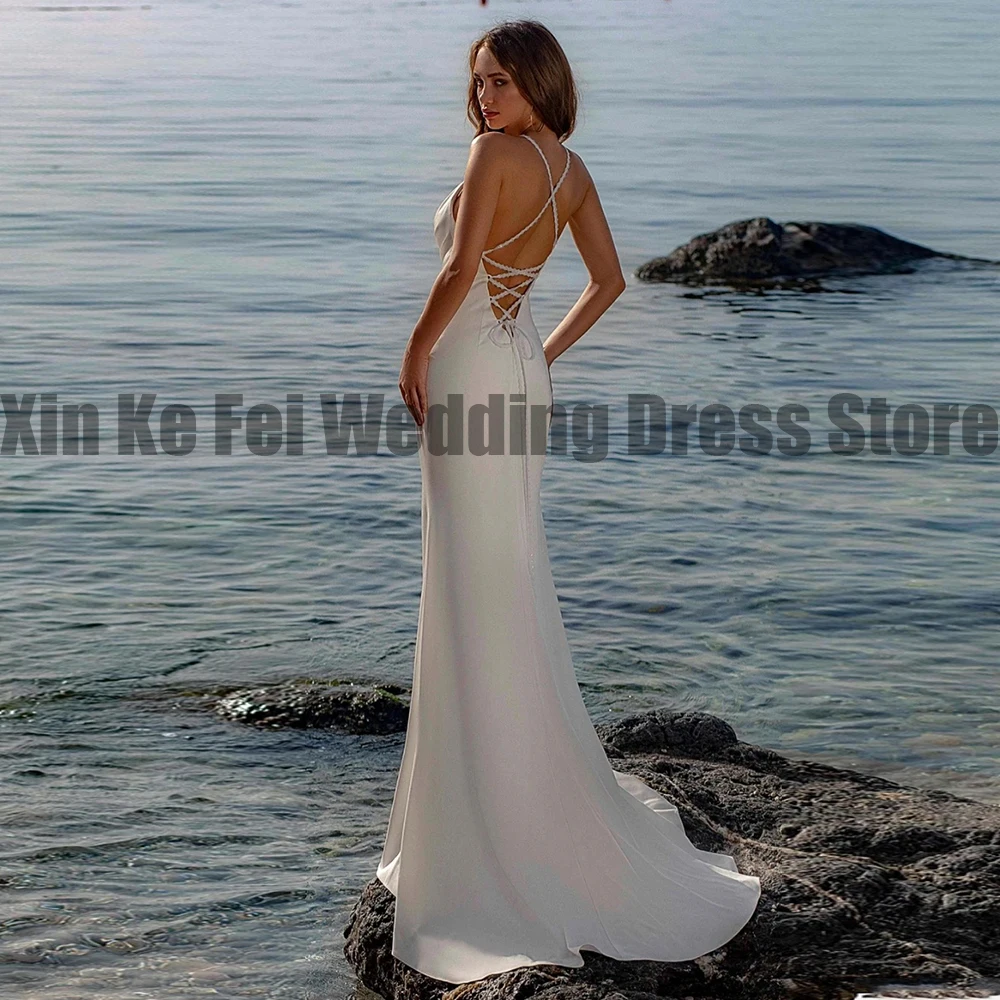 Syrenka damska suknie ślubne satyna plisowana włoska Spaghetti pasek na ramię Sexy Backless Princess bal Wedding Party Vestido