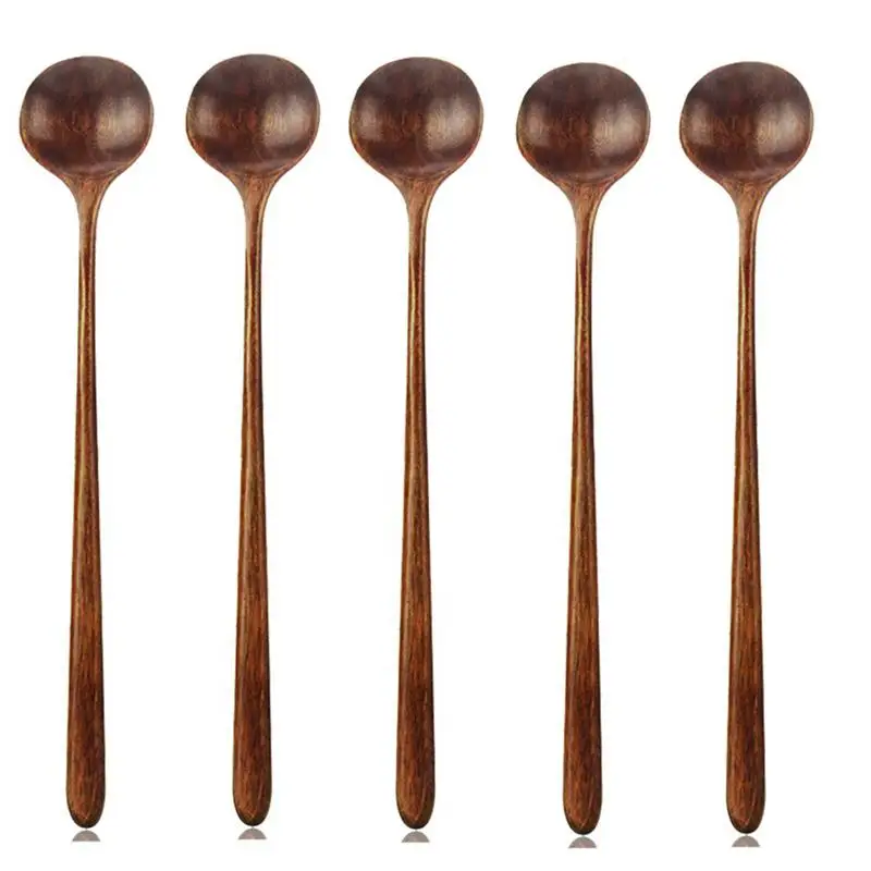 

Korean Style 5 Pcs Long Spoons Wooden 10.9 inches 100% Natural Wood Handle Round for Soup Cooking Mixing Stirrer