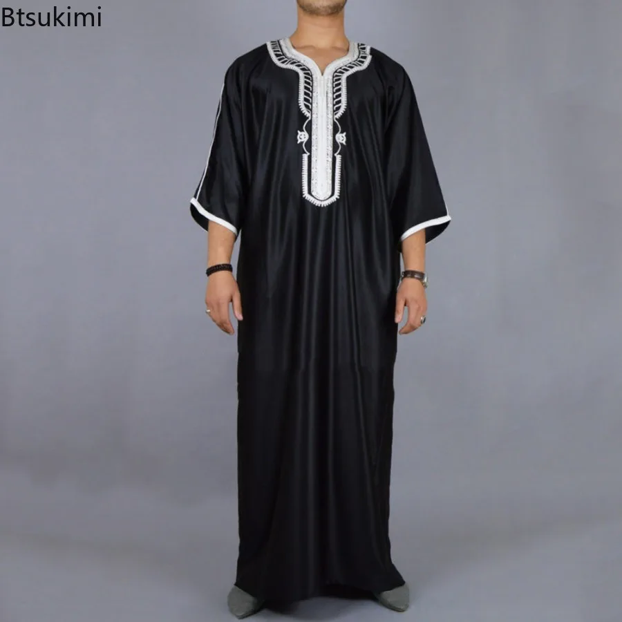 Nieuwe Mannen Moslim Jubba Thobe Patchwork Gestreepte V-hals Lange Mouwen Caftan Dubai Gewaad Vintage Islamitische Arabische Mannen Kaftan Mannen 'S Gift