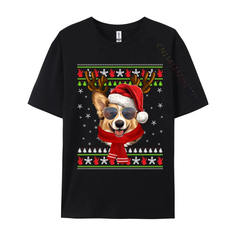 

Xmas Ugly Sweater Santa Hat Pembroke Welsh Corgi Christmas T Shirt Novelty Loose Dog Tshirt O Neck T-Shirt Men Tee Shirts