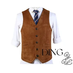 Men's Suede Leather Suit Vest with Pockets Casual Western Cowboy Waistcoat Dress Vests for Wedding