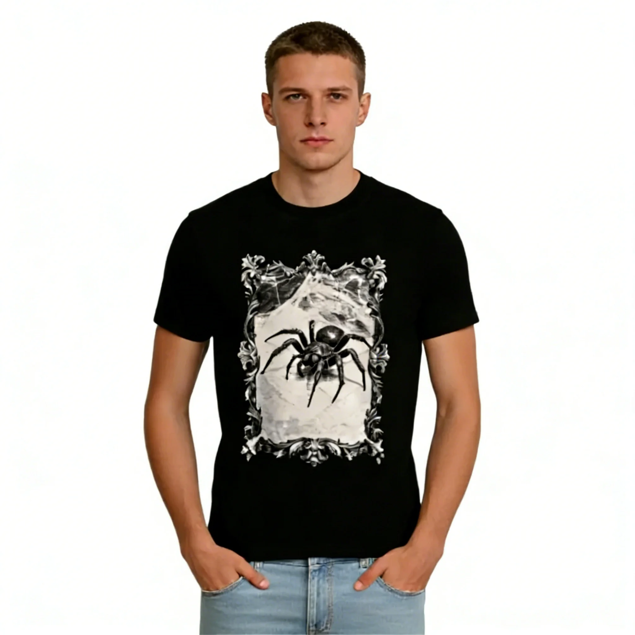 

Zagros Custom by Your Image Men's Short Sleeve T-Shirt Retro Frame Spider Printed Oversized Breathable Streetwear Cotton