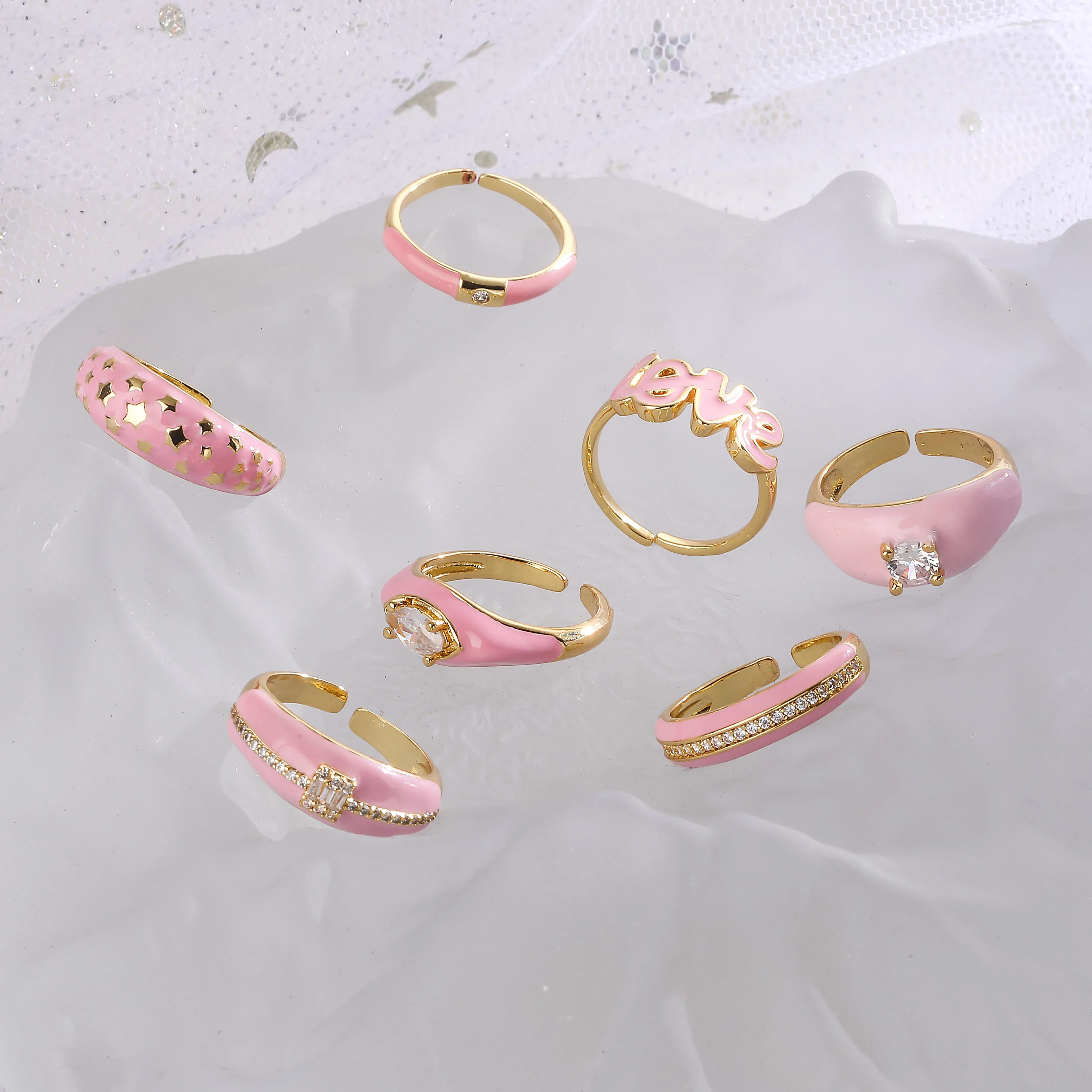 Sweet Open Enamel Finger Ring Neon Rose red Pink Copper Gold Plated Ring For Women Wedding Small Jewelry Adjustable