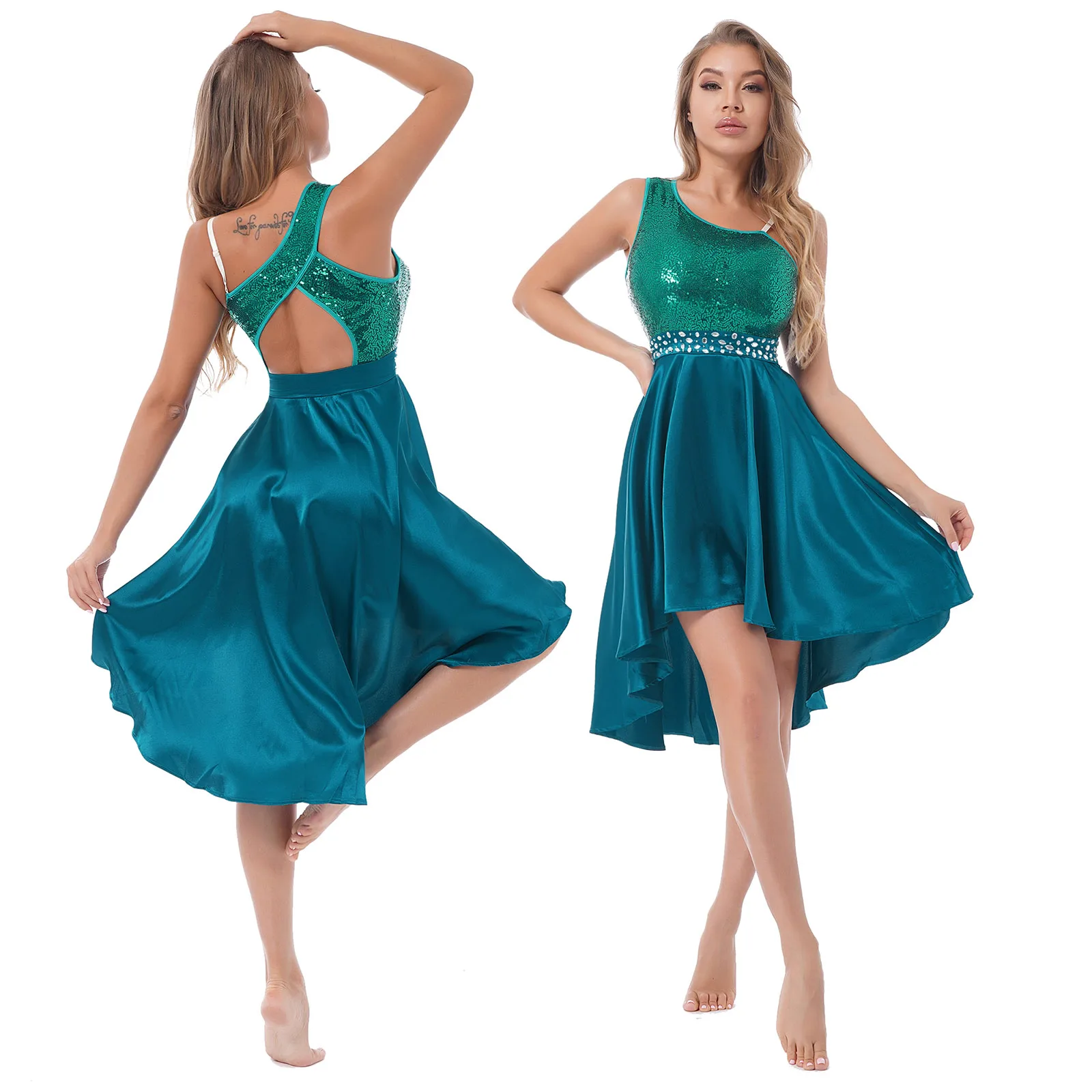 Lantejoulas ballet tutu vestido feminino azul brilhante sem mangas assimétrico trajes de dança lírica bailarina alta-baixo collant dance wear