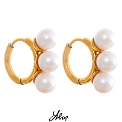 Yhpup Romantic Shell Pearls Stainless Steel 18K Gold Plated Chic Hoop Earrings Women Circle Elegant Charm Fashion Jewelry Bijoux