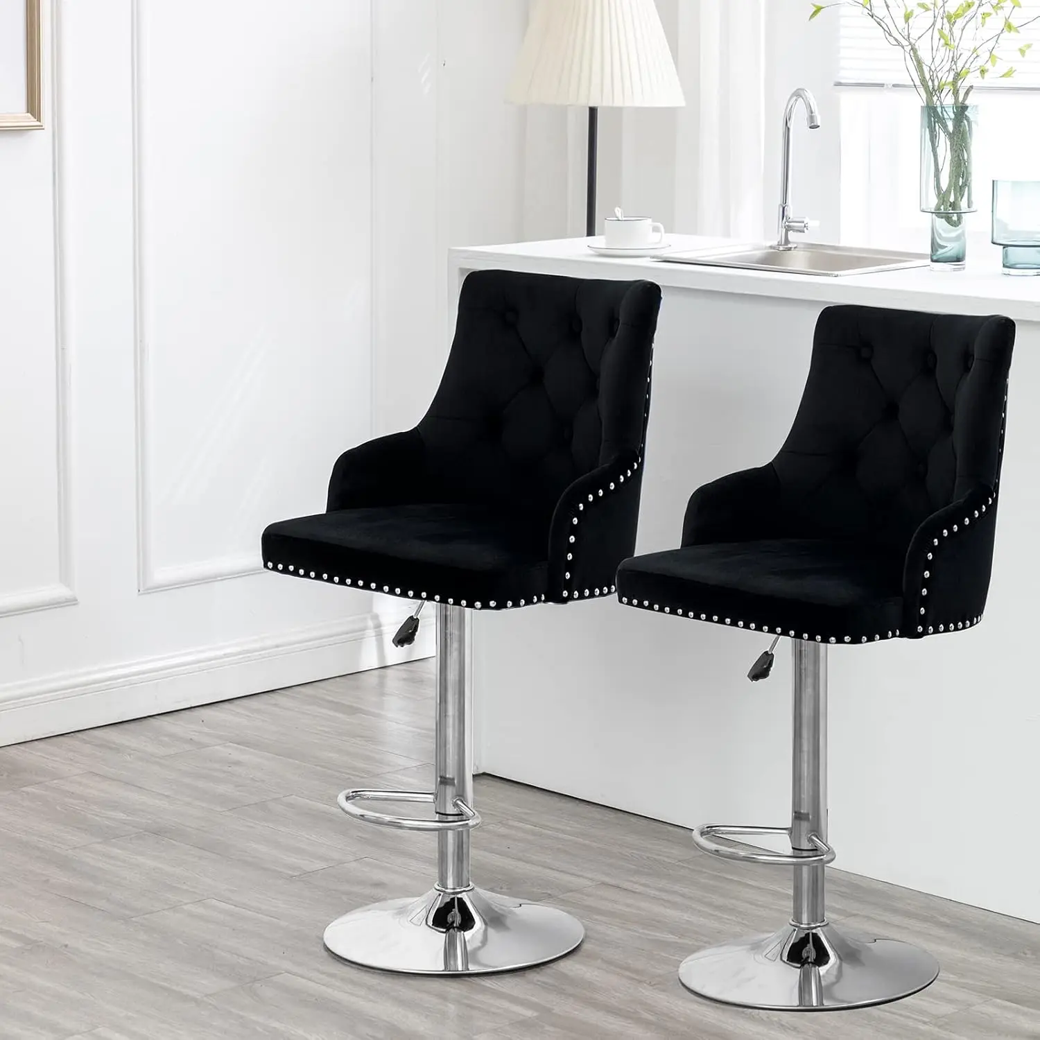 Ajustável Velvet Bar Stool Set com encosto adornado, cadeira giratória, estofados, cadeira moderna Barstool, contra altura, 2 PCs