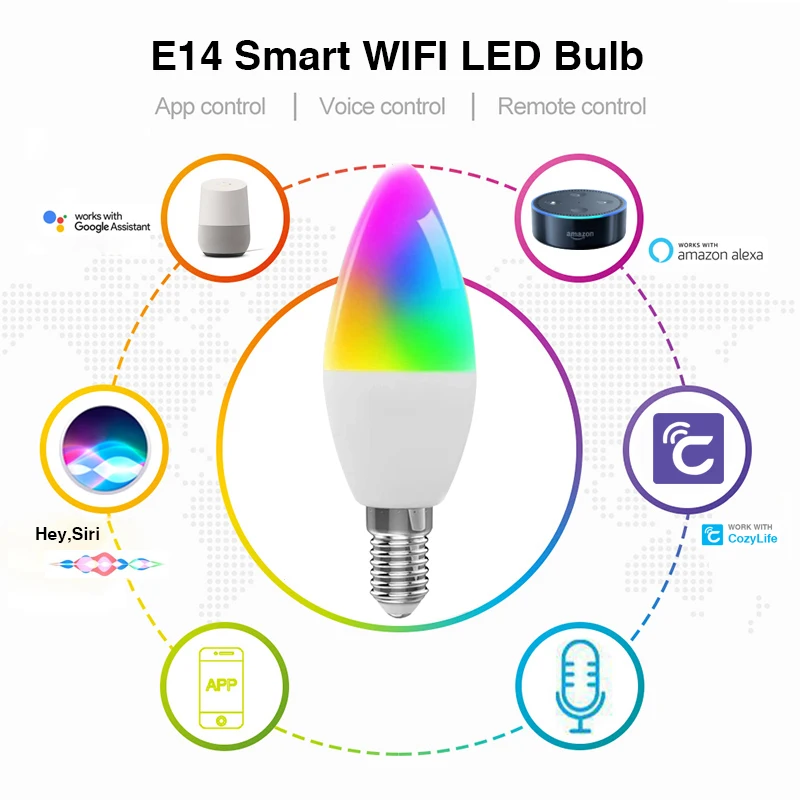 HomeKit Candle Light WiFi Smart Dimmable RGBCW E12 E14 LED Bulbs APP Siri Alexa Google SmartThings Voice Control Discoloration