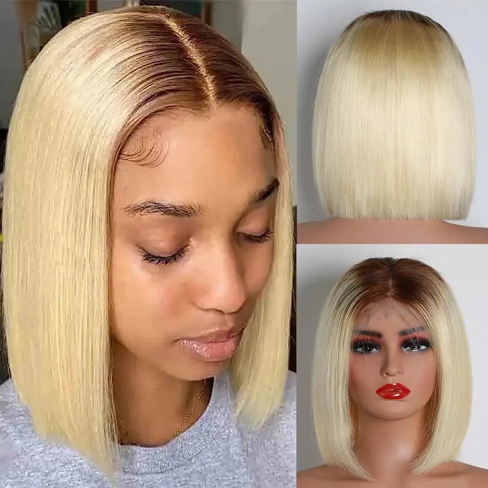 

Soft Straight Ombre 613 Short Bob 180Density Lace Front Wig For Black Women Babyhair Preplucked Heat Resistant Glueles Daily Wig