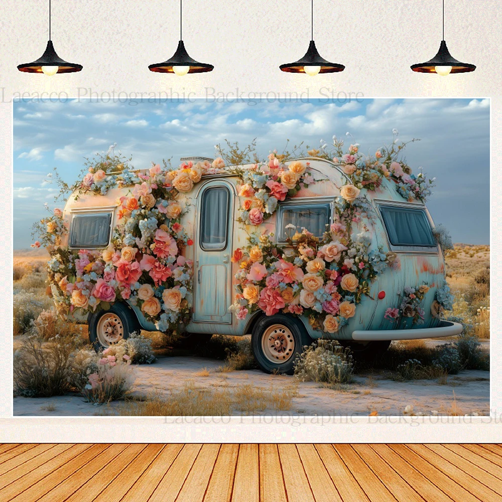 Colorful Flower Car Oil Painting Photography Background Vintage Boho Wedding Spring Nature Birthday Backdrop Photo Studio Props