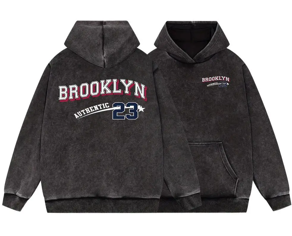 Brooklyn Authentic 23 Original Print Men Vintage Washed Cotton Hoodie Simple Hoodies Autumn Street Hoodie Casual Warm