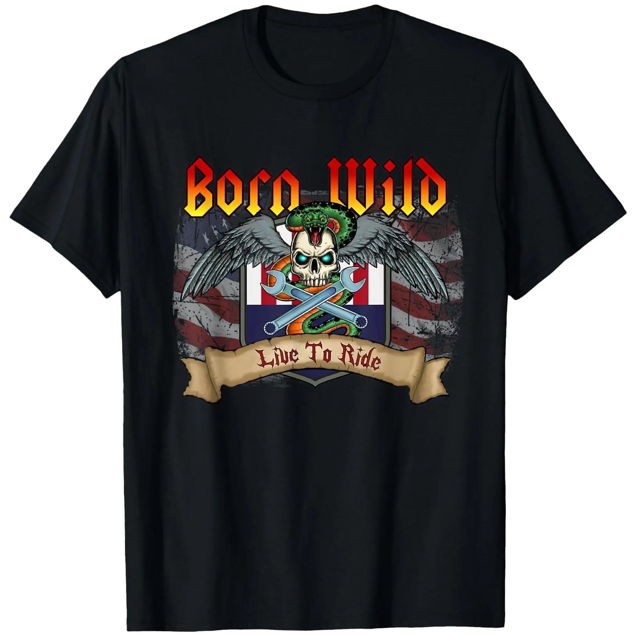 

Soft Breathable Short Sleeve Casual Motorcycle Skull Snake Pattern "Born Wild Live To Ride" Slogan
