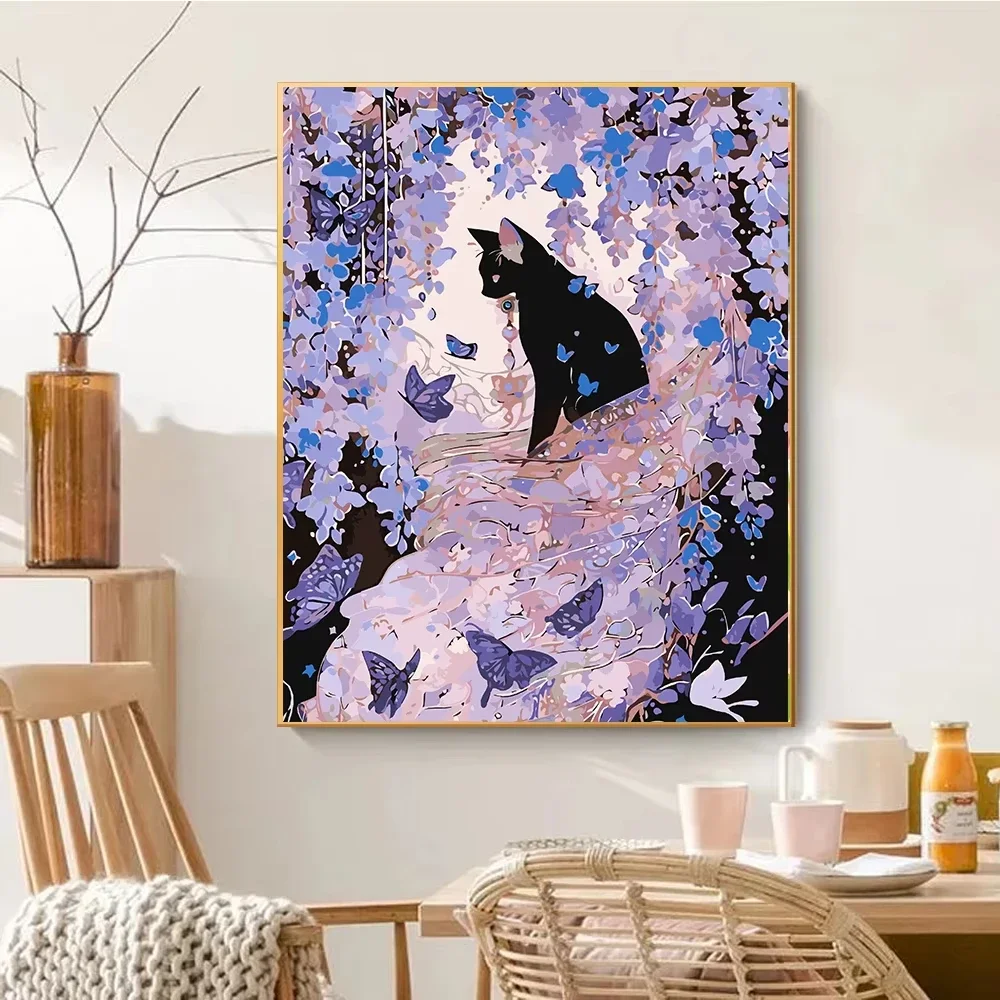 

DIY картина маслом по номерам черная кошка и гортензия макрофирилл Настенный декор подарки безрамные