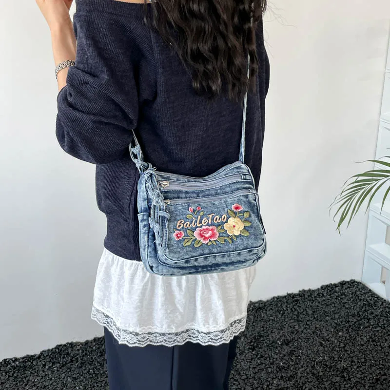 New Lightweight Denim Zipper Crossbody Bag Stitching Line Embroidery Decoration Bag Hot Sale Casual Youth Women's Shoulder Bags