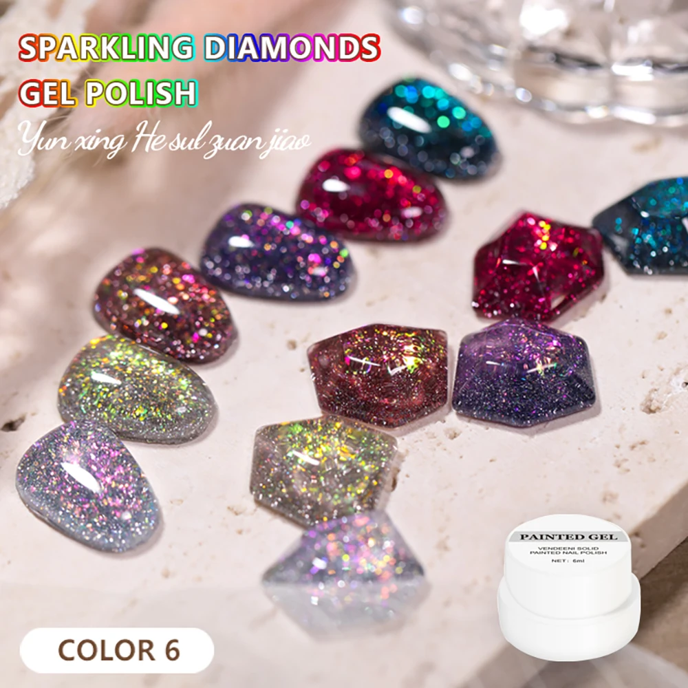 

Vendeeni 6 Colors Laser Glitter Broken Diamond Gel Nail Polish TPO HEMA FREE UV Soak Off Gel Varnish Shiny Nail Art Gel Lacquer