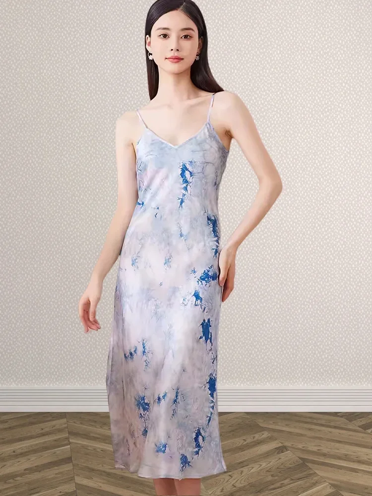 Ciężkie 20mm sukienki z jedwabiu morwowego Niebieski łabędź z nadrukiem Jedwabista sukienka na ramiączkach Czarny motyl Vestido Długa sukienka z jedwabnej satyny z piaskiem