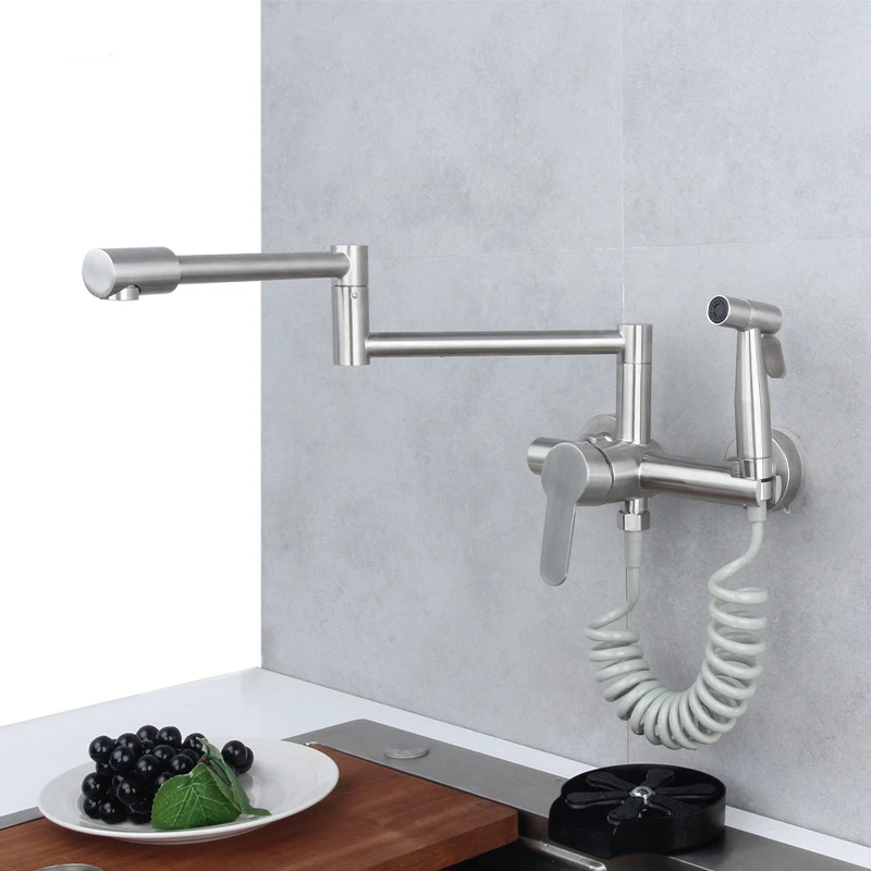 

Foldable Kitchen Faucet Wall Mount Stainless Steel Hot Cold Telescopic Sink Tap