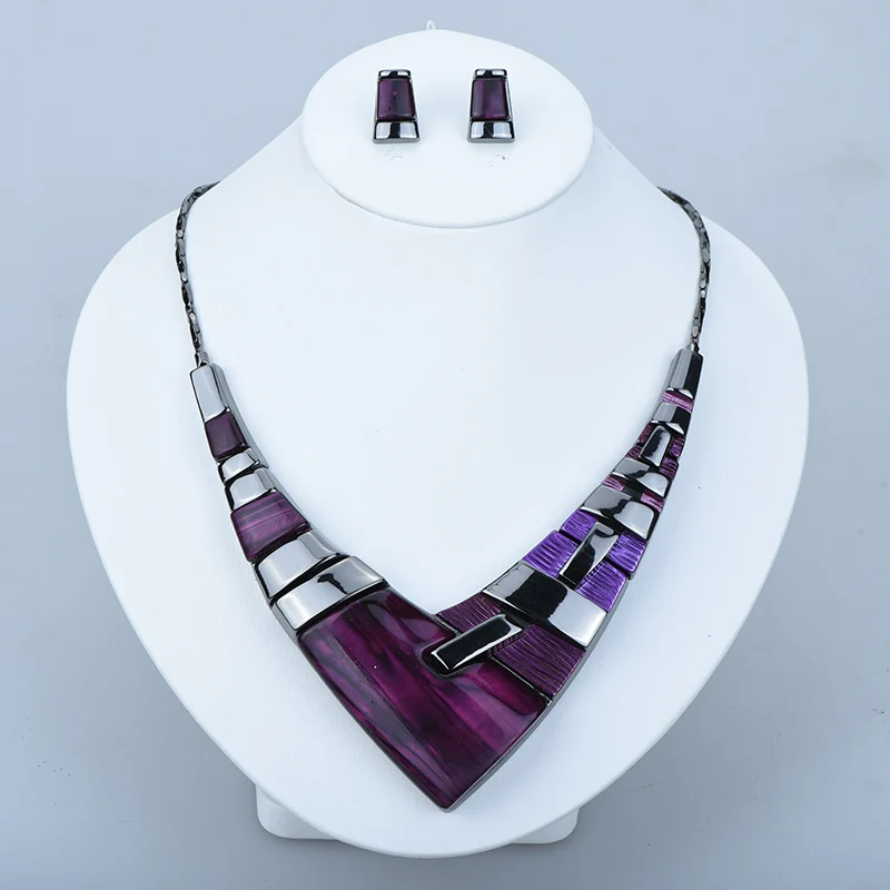 ICEYY Vintage Fashion Brand Red V shaped Resin Chunky Necklace Earrings Jewelry Set for women Free shipping Engagement Gift