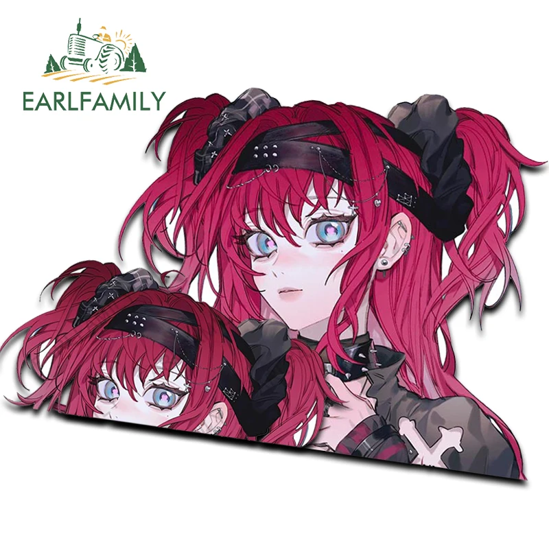 EARLFAMILY Fanart Anime Cool Red Hair Gril Car Sticker Amusing Peek Rearview Caravan Decal Car Accessories Vinyl Creative Decor