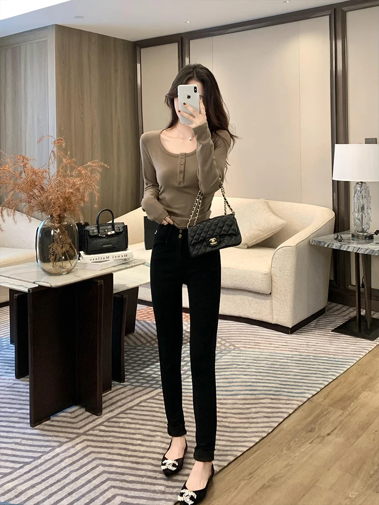 

High Waist Fce Lined Slim Fit Bootcut Jeans Women's Winter Faion Lin Yan Er Bla Skinny Jeans Casual Cotton Stretch Denim
